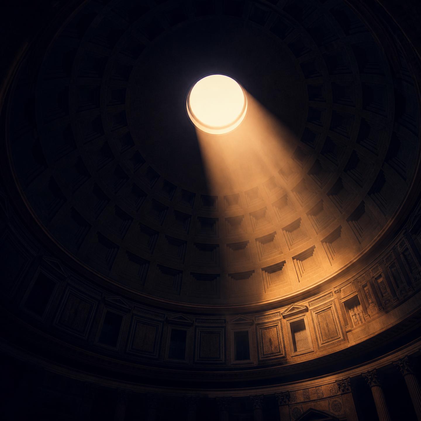 The oculus of the Pantheon casting a shaft of light through the coffered dome
